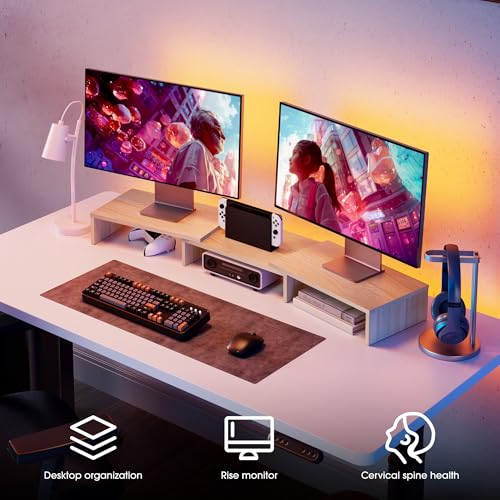 FITUEYES Dual Monitor Stand Riser, Adjustable Length and Angle, Oak - color: Oak