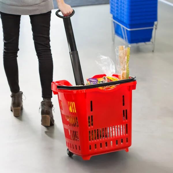 Red Plastic Shopping Basket with Wheels, 21.25x16.5 Inch, 45 lb Capacity, Telescopic Handle, Stackable Design