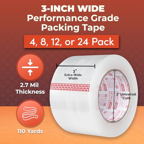 3" Extra-Wide Clear Packing Tape, 24 Pack, 110 Yard Rolls, Performance Grade True 2.70 MIL, 3 Inch Extra Wide, Strong Adhesion for Shipping, Mailing, Sealing, Moving and Storage of Heavy Duty Items