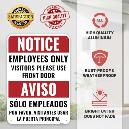 1PC Employee Entrance Only Sign Bilingual, 10 x 7 Inches - Aluminum - Visitors Please Use Front Door - Employees Staff Only Beyond This Point Private Entrance - color: 10" x 7"