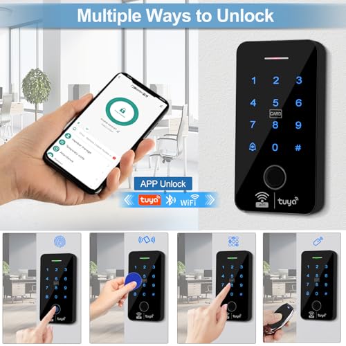 WiFi Tuya Fingerprint Access Control System Kits Biometrics Waterproof RFID Keypad 125KHz 13.56MHz with Electric Strike Door Lock, DC12V3A Power Supply, 10pcs RFID Keyfobs Tags