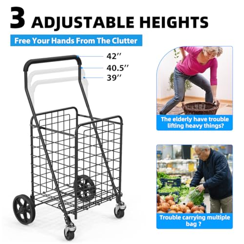 Collapsible Grocery Shopping Cart with 360° Swivel Wheels - Foldable Utility Cart 66lb Capacity & Extended Foam Handle - for Laundry, Supermarket, Travel (Medium) - color: Black