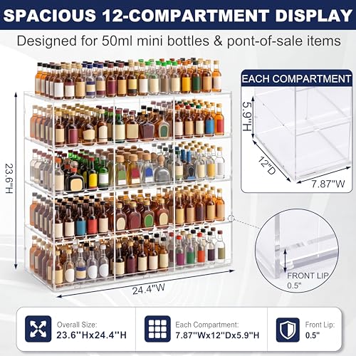 Cinnvoice Mini Liquor 50ml Bottles Retail Display Case with Lock and Adjustable Dividers, 23.6"w x 24.4"h x 12"d Clear Commercial Acrylic Countertop Rack for 50ml Nips, Airplane Shot Bottle & Pos Item - style: Commercial