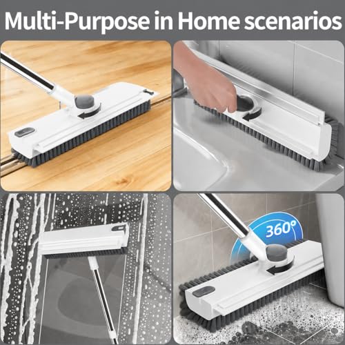 3 in 1 Floor Scrub Brush,Floor Scrubber with Squeegee and Tweezer, Push Broom with Long Handle,Heavy-Duty Stiff 90° Bristle Broom for Patio,Shower, Garage,Deck,Tile, Concrete & Wood Surface (White) - color: White