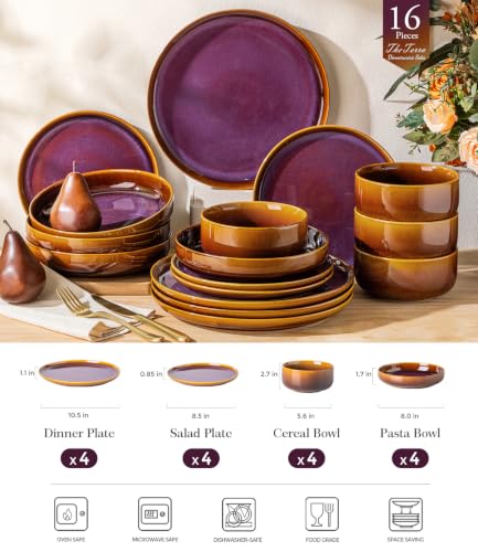 TheTerra Ceramic Dinnerware Set for 4, 16-Piece Plates and Bowls Set - color: Amber Amethyst, size: Set (16pcs)