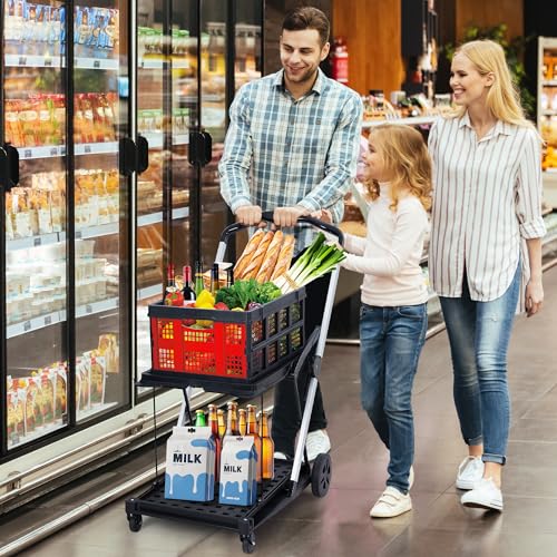 2 Tier Folding Shopping Carts for Groceries, 198 LB Capacity, Collapsible Portable Grocery Cart with Wheels & Removable Crate, Lightweight Foldable Shopping Trolley for Mall Market, Red - color: Red