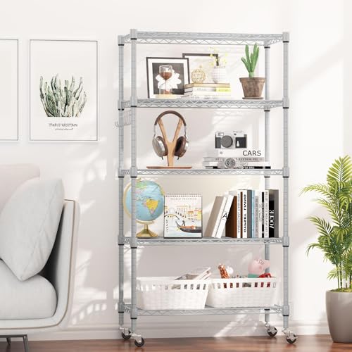 Himimi 5-Tier Storage Shelf Wire Shelving Unit on Wheels, Adjustable Heavy Duty Metal Shelves with Side Hooks, Steel Rack Organization for Kitchen Garage Basement, Silver - color: Silver, size: 13.78"D x 29.92"W x 62.20"H, 5-Tier