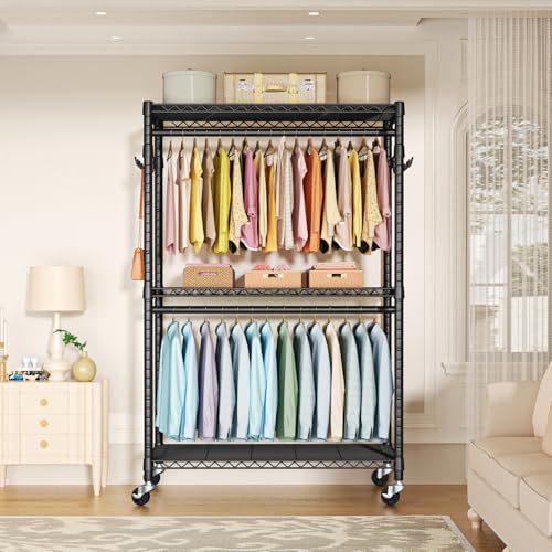 FUTASSI P1 Plus Rolling Clothes Rack, Heavy Duty Portable Closet Wardrobe - color: Black, size: P1 Plus