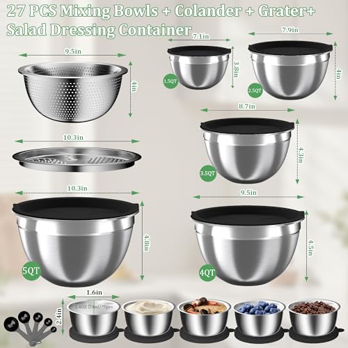 Mixing Bowls with Lids Set, 27Pcs Stainless Steel Nesting Mixing Bowls Set for Kitchen Cooking & Storage, Metal Salad Bowls with Colander, Strainer, Grater & Dressing Containers, Kitchen Gadgets Black - color: Coal-Black