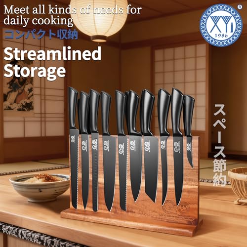 XYJ Knife Block Set,Chef Knives Set with Wooden Magnetic Knife Block - color: Full Black, size: 23 in 1 with block