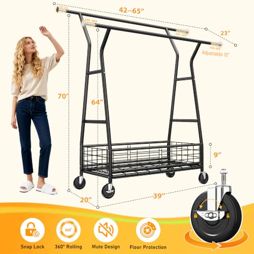 Raybee Clothes Rack, 630LBS Heavy Duty, Double Rods with Storage Basket - color: Black, style: Double Rods