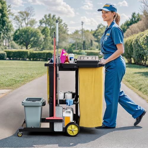 DWVO 3-Tier Janitorial Cart on Wheels,Black Cleaning Housekeeping Cart - color: Black
