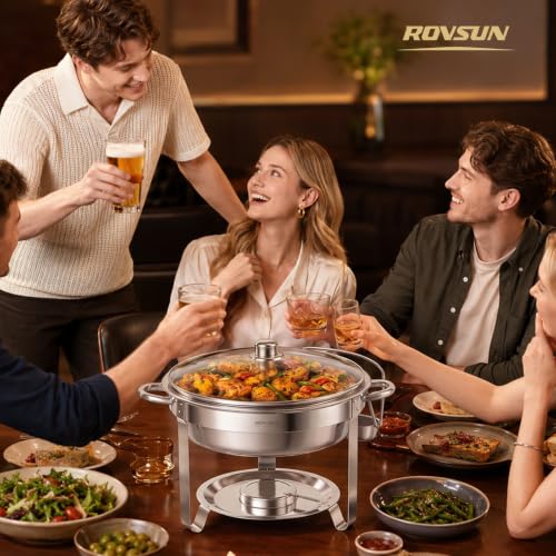 ROVSUN 5 Qt 2 Pack Chafing Dishes for Buffet, Stainless Steel Round Chafers for Catering, Buffet Servers and Warmers Set with Glass Lid & Lid Holder, Stackable Design for Wedding Party Event - size: 2 Pack