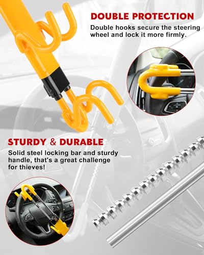Tevlaphee Steering Wheel Lock - Heavy Duty Antitheft Device and Car Security Lock with Adjustable Locking and 3 Keys - Great Vehicle and Truck Deterrent (Yellow) - color: Yellow