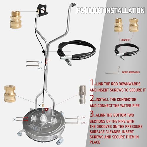 Hourleey 24" Pressure Washer Surface Cleaner with Dual Handles, Stainless Steel Surface Cleaner with 4 Wheels for Driveways, Pathway, Sidewalks, Patios, Decks, 4500 PSI with 3/8" Quick Connector Kit - size: 24 Inch
