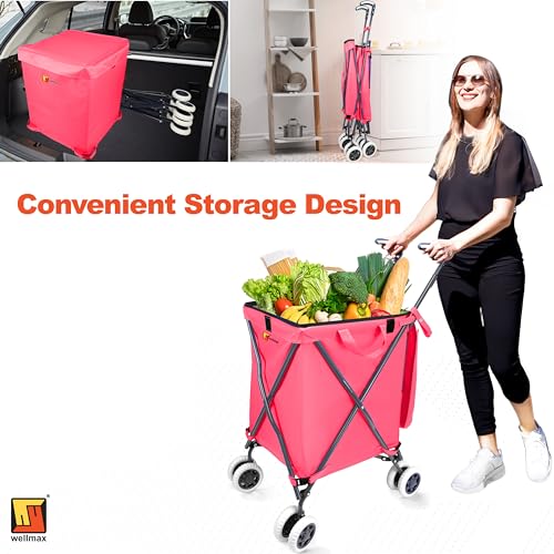 Wellmax Folding Shopping Cart with Canvas Bag & Cover, Holds 120 lb, Pink - color: Pink