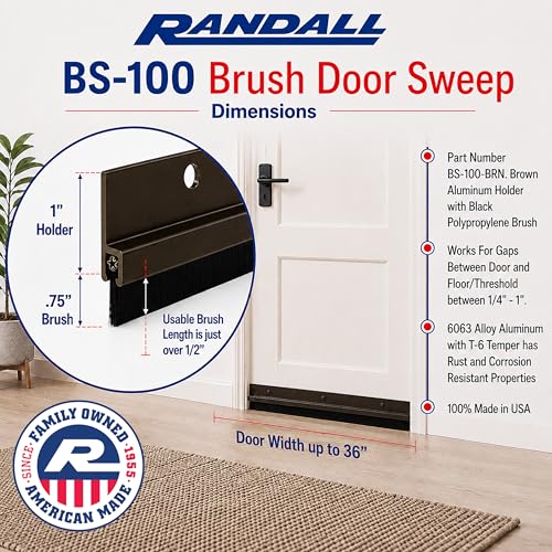 Randall Manufacturing Co., Inc | Door Sweeps – Aluminum & Brush | Brush Sweeps for Gaps Up to 1” | Brown Trim with Black Brush | 3 Feet | 3/4" Brush | Fill Gaps & Keep Unwanted Debris Out - size: 3 FT Brown