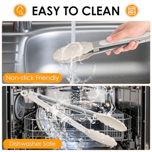 HOTEC Stainless Steel Kitchen Tongs with Silicone Tips, Set of 3-7",9" &12" - color: Khaki:12+9+7inch