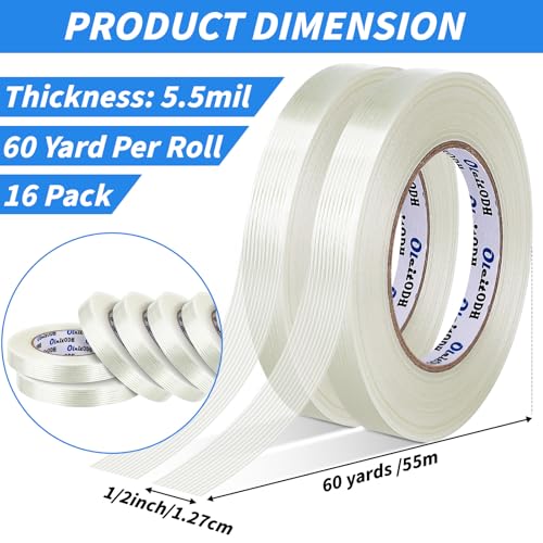 16 Rolls Strapping Tape 1/2 Inch x 60 Yards 5.5 Mil Fiberglass Tape - size: 1/2in x 60Yds