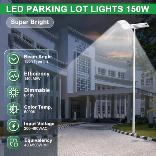480V 150W LED Parking Lot Light, 5000K 21000LM(140lm/w) LED Shoebox Area Light - Slip Fitter Mount, Dimmable Commercial Street Lighting, Surge Protection Built-in, AC277-480V UL Listed - color: Slip Fitter Mount, size: 150W(200-480V)