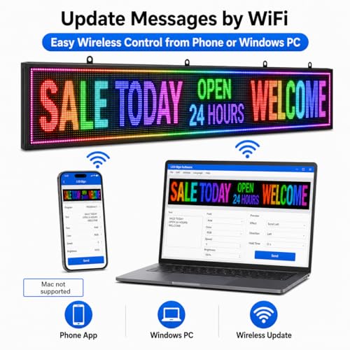 P10 Outdoor LED Message Board 77"x14" - WiFi Programmable Scrolling Text Display, High Brightness Business Sign with SMD Technology for Store Front - size: P10 77"x14"