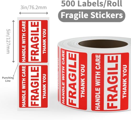 9527 Product 3 x 5 Fragile Stickers with Care Warning - Shipping Labels Stickers,500 Labels Per Roll - size: 3" x 5" - 12 Rolls