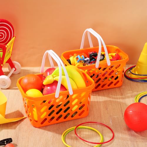 NUOBESTY Pretend Play Toy Shopping Basket 2 Pack - Orange Plastic Grocery Baskets with Handles for Toddlers, Mini Market Kitchen Accessories & Play Food Storage