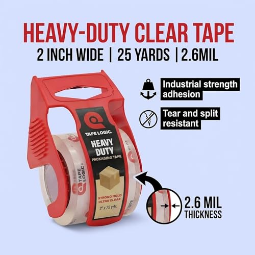 Tape Logic Heavy Duty Packing Tape with Dispenser (6 Pack) – 2.6 Mil Thick Clear Shipping Tape, 2 in x 25 yd – Strong Industrial Adhesive for Moving Boxes, Mailing, & Shipping Packaging - size: 6 Rolls