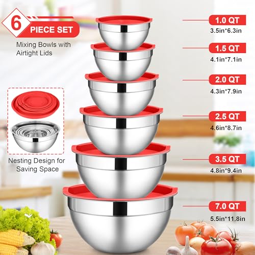 LIANYU 6 PCS Red Mixing Bowls Set, Household Essentials Gift for New Home - color: Red, style: Atlas Base with Airtight Lids