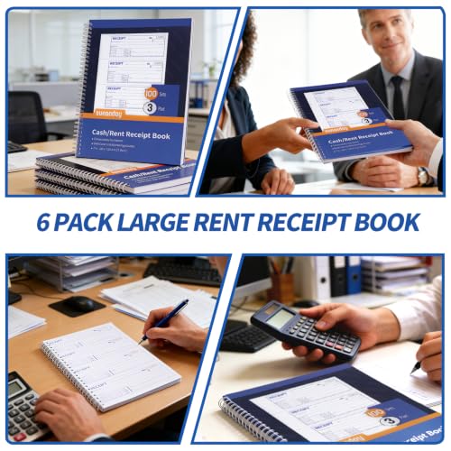 Money and Rent Receipt Books with Cardboard Insert,7-5/8" x 10-7/8" Spiral Bound,3 Part Carbonless,100 Sets per Book,4 Receipts Per Page for Rent and Cash Transaction
