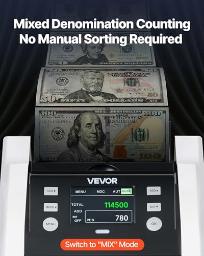 VEVOR Mixed Denomination Money Counter Machine, 1200 Notes/Minute, Cash Counter with Value Count, UV/MG/IR/DD/DBL/HLF/CHN Counterfeit Detection, TFT Display, Money Counting Machine for Dollar and Euro - size: 9.8*13.4*7.9"