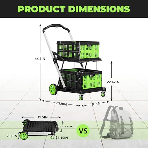 8-in-1 Max 200LBS Collapsible Shopping Cart on Wheels with 2 Storage Crates, Portable Foldable Shopping Cart with Foot Brake for Picnic, Supermarket, Office, Green-2026 Upgraded - color: Green