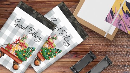 10x13 (100) Christmas Wagon Designer Winter Poly Mailers Self Sealing Waterproof Shipping Envelopes Holiday Premium Printed Mailing Bags For Small Businesses - color: Christmas Wagon, size: 10x13