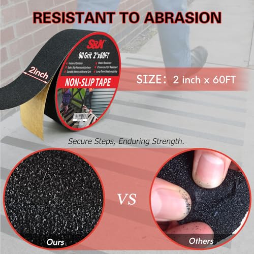 S&X Anti Slip Tape 2in x 60ft Grip Tape for Stairs & Floors, Black - size: 2 inches x 60 feet