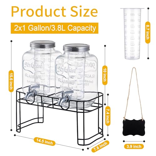 1 Gallon Glass Beverage Dispenser Set of 2 with Stand & Fruit Infuser, Stainless Steel Spigot, Beverage Dispenser for Parties, Weddings, BBQs, Lemonade, Sun Tea, Juice & Cold Drinks - size: 1 Gallon Double