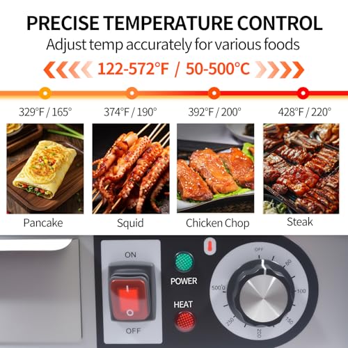 Commercial Electric Griddle, 1500W Countertop Flat Top Grill, 14.2in Stainless Steel Griddle Grill with 2 Shovels and 2 Brushes for Home or Restaurant, 122℉-572 ℉ Adjustable Temp