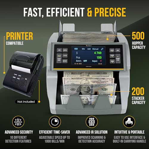 KOLIBRI Money Counter Machine I 4.5 TFT Display I Business Grade I Advanced IR/UV/MG/MT/DD/HLF Detection I Mixed Denomination (USD) I 1,200 Notes/Min I 3-Year Warranty I KBR-1500 V2 - color: Gray (Kbr-1500 V2)
