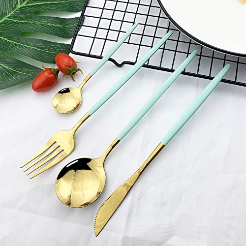 JASHII Flatware Serving Set 24 Piece, Stainless Steel Silverware Set, Mint Green Gold Cutlery, Modern Elegant Tableware for Party, Christmas, Dinner - color: Mint Green Gold