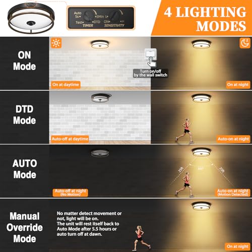 Motion Sensor Outdoor Ceiling Light, Outdoor Flush Mount LED Farmhouse Ceiling Light Fixtures, 12" Dusk to Dawn Porch Lights for Outdoor Ceiling, Rustic Ceiling Lamp for Entryway - color: Brown, size: 1 Pack