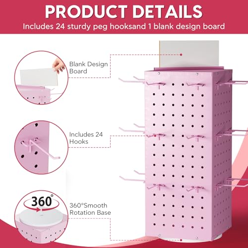 Rotating Pegboard Display Stand With 24 Hooks ,Metal Spinning Peg Board Displays, Desk Pegboard,Merchandise Display Rack for Selling Accessories Vendors & Events Retail Craft Shows & Fairs ( Pink) - color: Pink