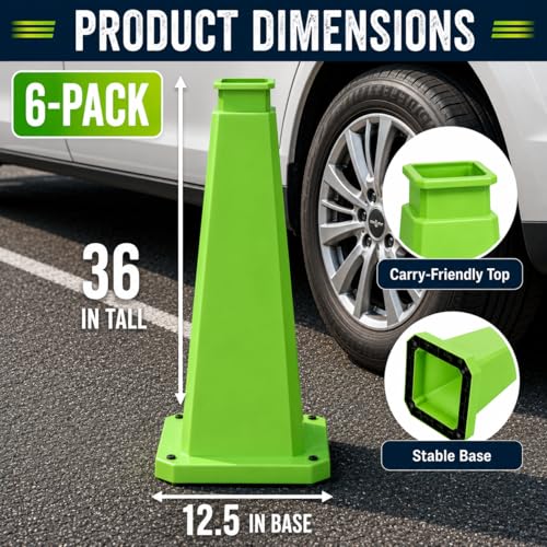 BESEA 6 Pack 36 Inch Green Traffic Cones with Weighted Base - color: Green, size: 36INCH