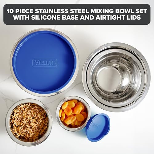 Viking Mixing Bowls Set, 10 Piece Stainless Steel Kitchen Cookware, Non-Slip Silicone Base, Includes Tight Fit Lids, Dishwasher Safe, Blue - color: Blue