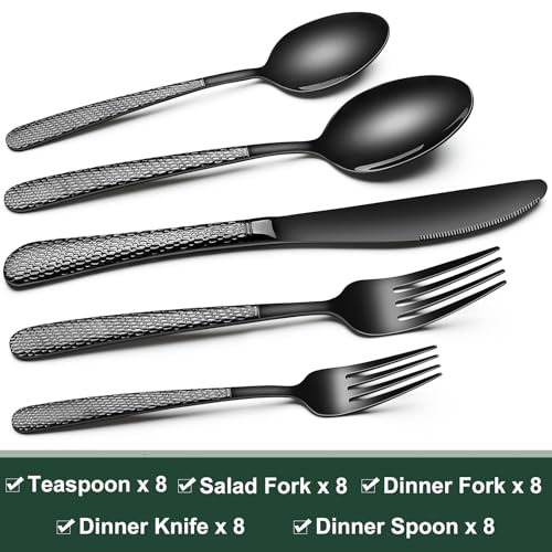 Black Hammered Silverware Set, 40-Piece Stainless Steel Heavy Duty Flatware Set for 8, Food-Grade Tableware Cutlery Set, Utensil Sets for Home Restaurant, Mirror Finish, Dishwasher Safe - style: Black Round Hammered