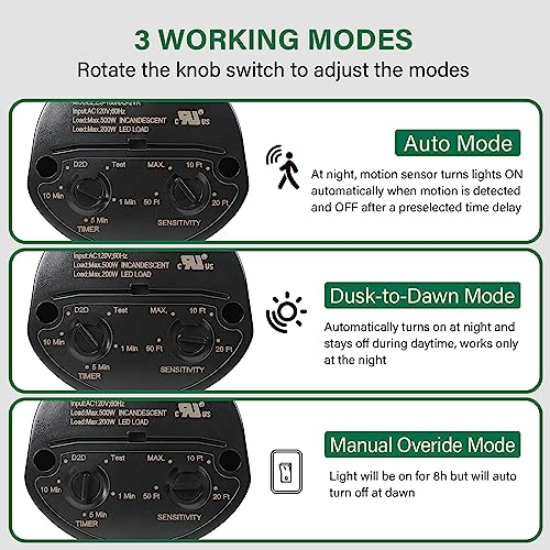Motion Sensor, 180-Degree Replacement Motion Detector, Adjustable Time & Detection Sensitiity Up to 60 Feet Range, 3 Working Modes Pir Motion Sensor for Security Floodlight, Black, UL Listed - color: Black