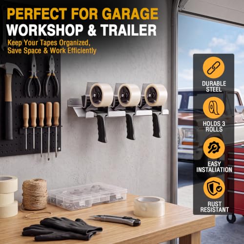Pelopy Aluminum Wall Mount Tape Gun Holder Dispenser, Silver, 3 Roll Holder - color: Silver, size: 3 Roll Holder