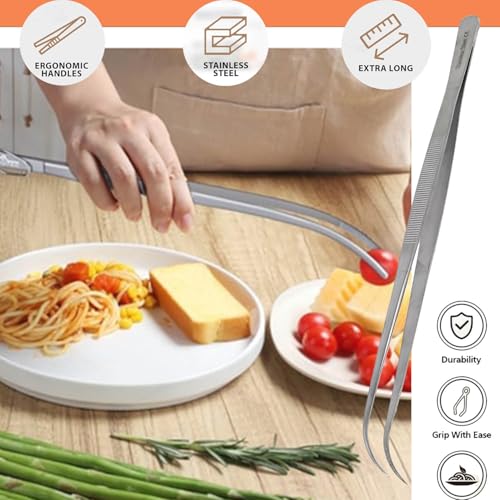 Professional Culinary Stainless Steel Precision Tongs with Serrated Tips, Plating/Food Presentation Detailing Serving Tongs, Chef's Kitchen Tweezer Tongs - Ultra Non-Slip Grip (10 Inch Curved) - size: 10" Curved Slim