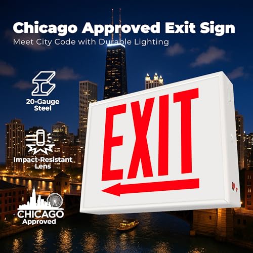 LFI Lights® Chicago Approved Exit Sign, UL 924 Listed, (Left Arrow), Red LED, White, Steel Housing, Glass Panel, 120-277VAC Wall, Ceiling or Side Mount, Hardwired with Battery Backup CHEXRWBBLA - style: EXIT Left Arrow