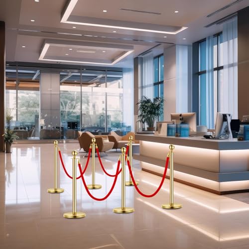 Red Carpet Ropes and Poles 5 Gold Stanchion Posts + 4 Red Velvet Ropes - size: 5 Post I 4 Rope
