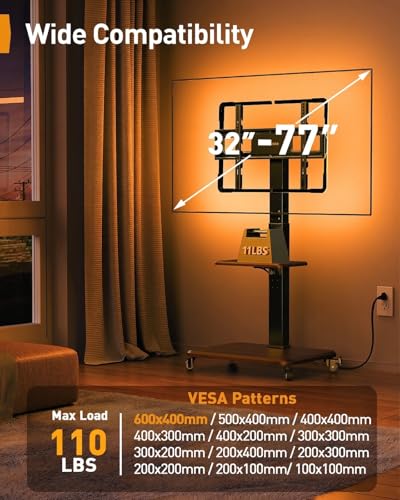 Perlegear Rolling TV Stand for 32”-77”TVs with LED Lights and Power Outlet - color: Black, size: for 32-77 Inch TVs