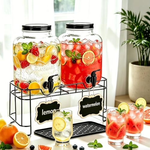 2 Pack 1.5 Gallon Large Glass Beverage Dispenser for Parties, Drink Dispenser with Stand, Lemonade Dispenser with Drip Tray for Iced Tea, Juice & Infused Water
